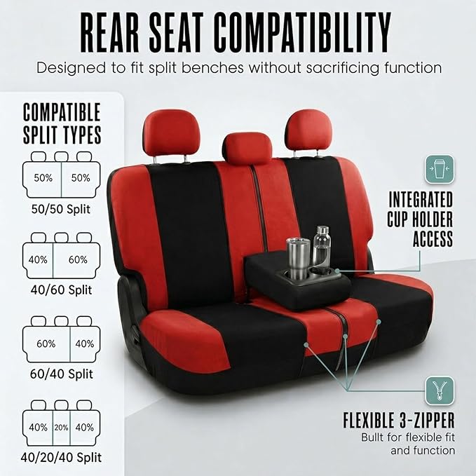 FH Group Car Seat Covers Full Set Cloth, Universal Fit combo, Automotive Covers, Low Back Front Airbag Compatible,Split Bench Rear Seat,Washable Cover for SUV,Sedan,Van Red