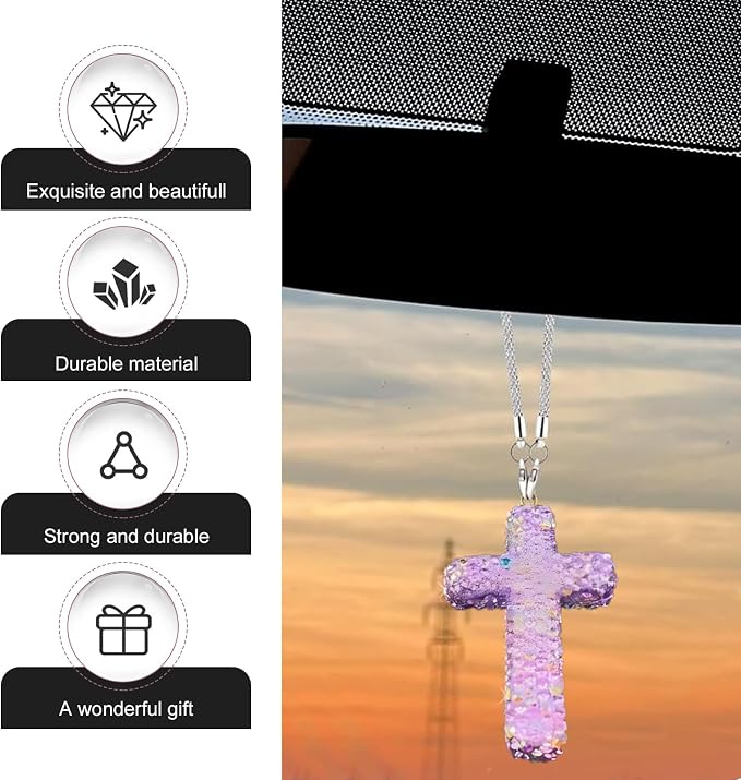 Bling Cross Car Hanging Accessories, Crystal Rhinestone Rear View Mirror Pendant, Religious Rearview Mirrors Decoration Charm, Car Hanging Ornament, Automotive Interior Accessories (Purple)