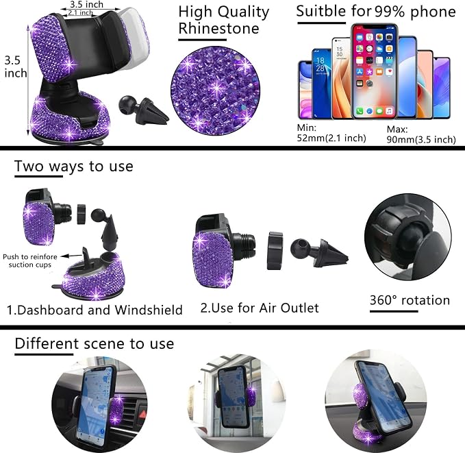 NBTEPEM 27 PCs Purple Violet Bling Car Accessories Set for Women, Steering Wheel Covers Universal Fit 15 Inch, Bling License Plate Frame, Bling Phone Holder, Bling Car Coasters