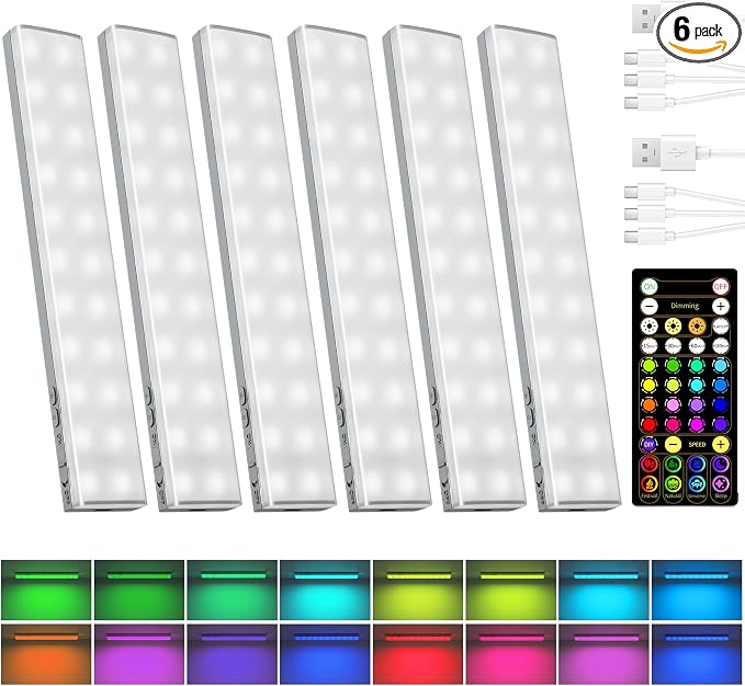 EZVALO 80RGB Color Changing Under Cabinet Lighting Wireless, 1800mAh Rechargeable Led Strip Shelf Lights, Timer & Dimmable Bar Light with Remote for Kitchen, Bedroom, Display Case, 6Pack