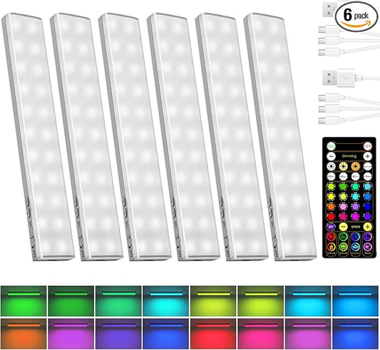 EZVALO 80RGB Color Changing Under Cabinet Lighting Wireless, 1800mAh Rechargeable Led Strip Shelf Lights, Timer & Dimmable Bar Light with Remote for Kitchen, Bedroom, Display Case, 6Pack