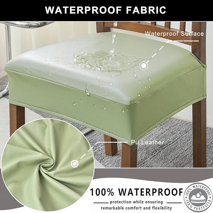NILUOH Waterproof Seat Covers for Dining Room Chairs Set of 6, Pu Leather Chair Seat Slipcovers Dining Chair Cover Removable Washable Chair Protctor Cover, Rear Covers (PU-Light Green)