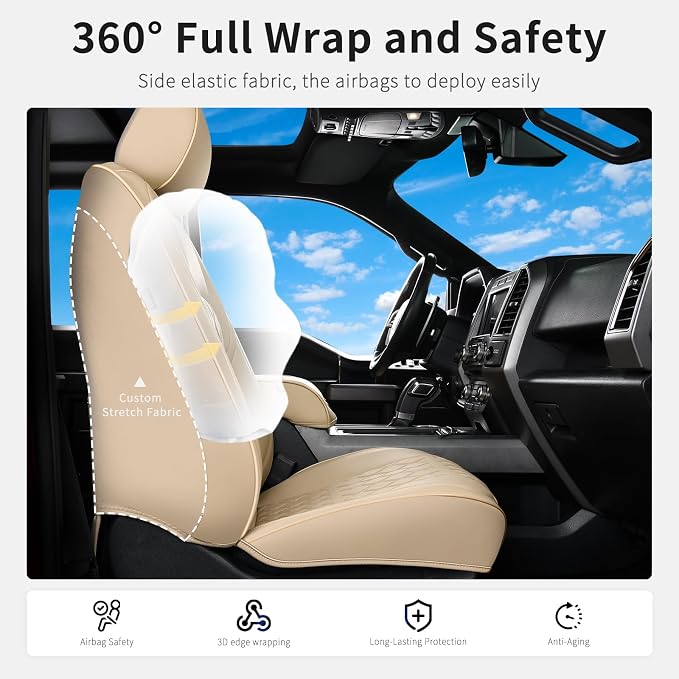 Huidasource F150 F250 F350 Front&Rear Leather Seat Covers Fit for 2015-2026 Ford F150 SuperCrew & 2017-2026 F250 F350 F450 Super Duty Crew Cab XL XLT Lariat King Ranch Platinum(Full Set/Beige)