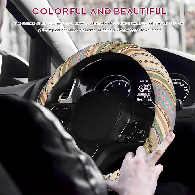 Boho Steering Wheel Cover, Anti-Slip Coarse Flax Cloth Ethnic Style Auto Wheel Cover, Breathable Boho Auto Steering Wheel Protector for Women Men, Car Accessories (Style G)