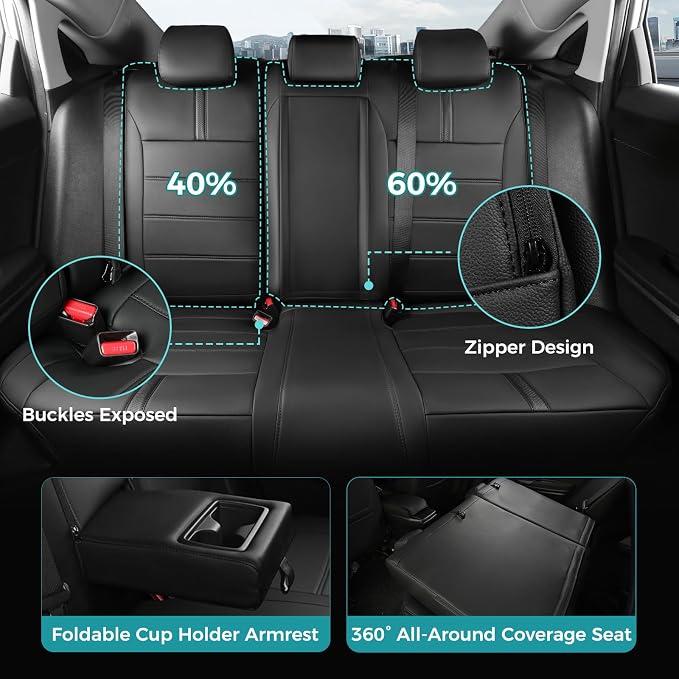 Seat Covers for Honda Civic Sedan EX-L, EX-T, EX, Touring, Sport 2016-2021, Faux Leather Car Seats Cover Full Set Waterproof Black (60/40 Split Seatback-with Rear Armrest)