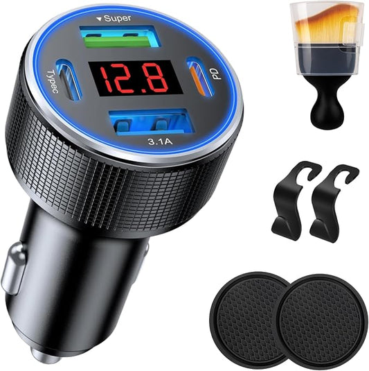 131W Car Charger Super Fast Charging Cigarette Lighter USB Phone Accessories Charger Adapter with QC USB c Type c PD Universal Quick Charge Multi 4 Port for 12-24v Car Cigarette Lighter Plug