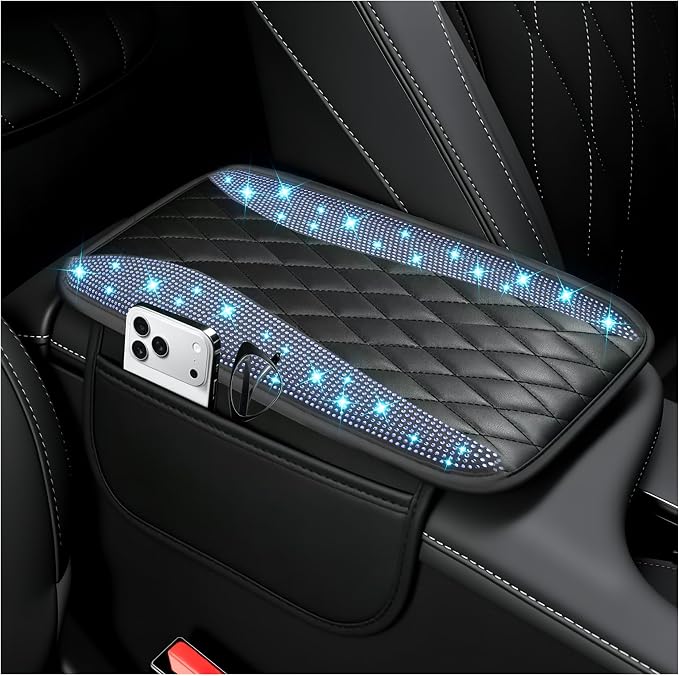 IHOTDER Bling Rhinestones Center Console Covers for Cars,Upgraded Arm Rest Cover for Car with Side Storage Pocket for Car Seat Organizer,Middle Console Cover Stylish Car Decoration (Bling Blue)