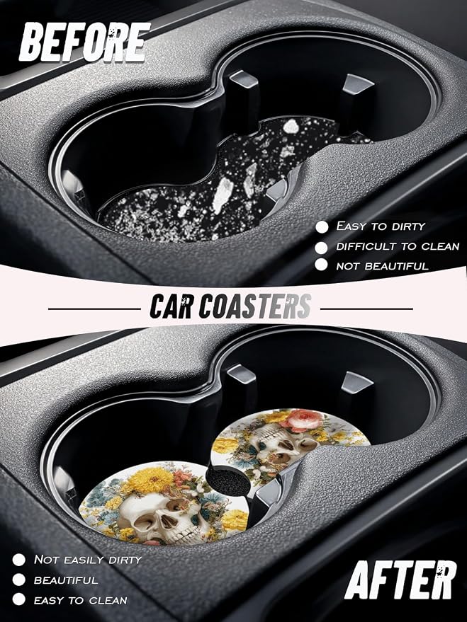 Car Cup Coasters,2 Pack Car Coaster,2.75inch Anti Slip and Absorbent Cars Coasters for Cup Holders,Car Accessories for Women,Cute Decor for Women (Floral Skull)
