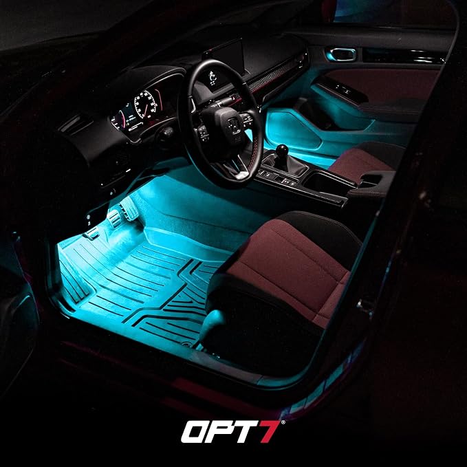 OPT7 Aura Pro Multicolor Interior Car Lights with App & Remote, 4PC LED Kit | Interior Ambient Glow, Music Sync Lighting, 12V Car Charger, RGB LED Light Strips, SUV Under Dash Decor