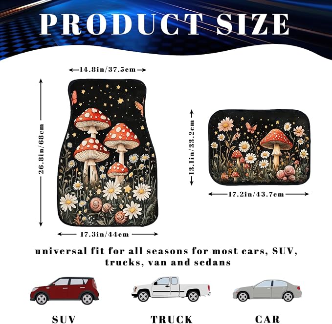 Mushroom Car Floor Mats Cottage Starry Garden Snail Butterfly Carpet Front Rear Carpets Mat Decorative Car Floor Carpets Non-Slip Auto Car Accessories Universal Fit for Car SUV Truck Van