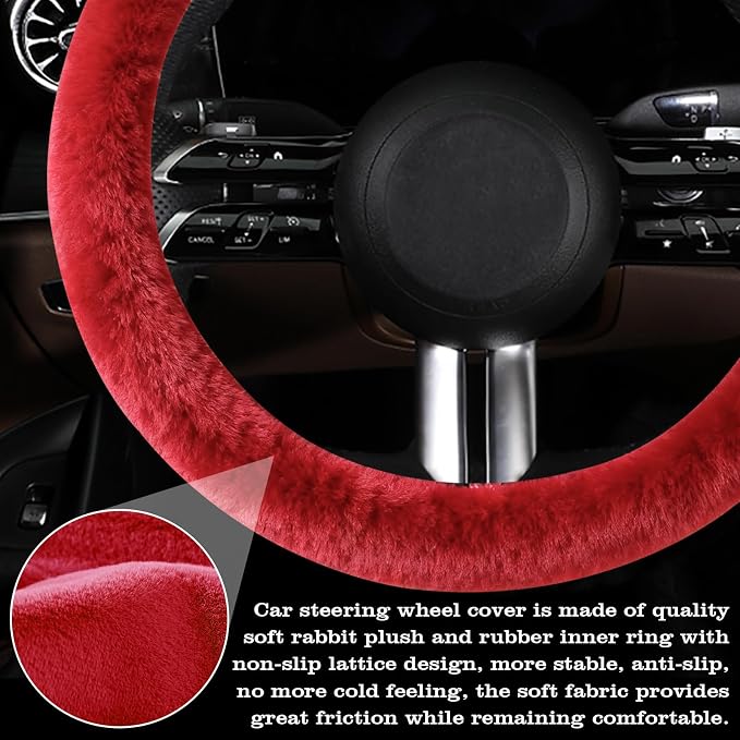 Furry Warm Steering Wheel Cover, Universal 14.5-15 Inch Winter Plush Warm Steering Wheel Cover, Soft Fluffy, Anti-Slip Design, Soft Texture (Red)
