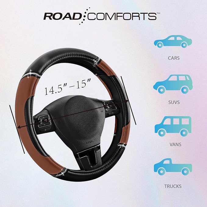 Road Comforts Leather Steering Wheel Cover - Made with PVC Leather Bling Design - Anti-Slip Wheel Cover Universal Fit Most 14 1/2 inches to 15 inches - Brown Color