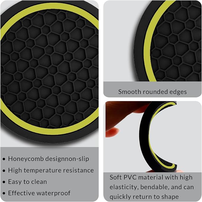 Car Cup Holder Coasters, Dustproof Automotive Interior Accessories Mat,2.75 Inch Non-Slip Insert Water Bottle Holder Pads, Universal for Vehicles, Trucks, RVs and More (Black/Yellow, 2PCS)