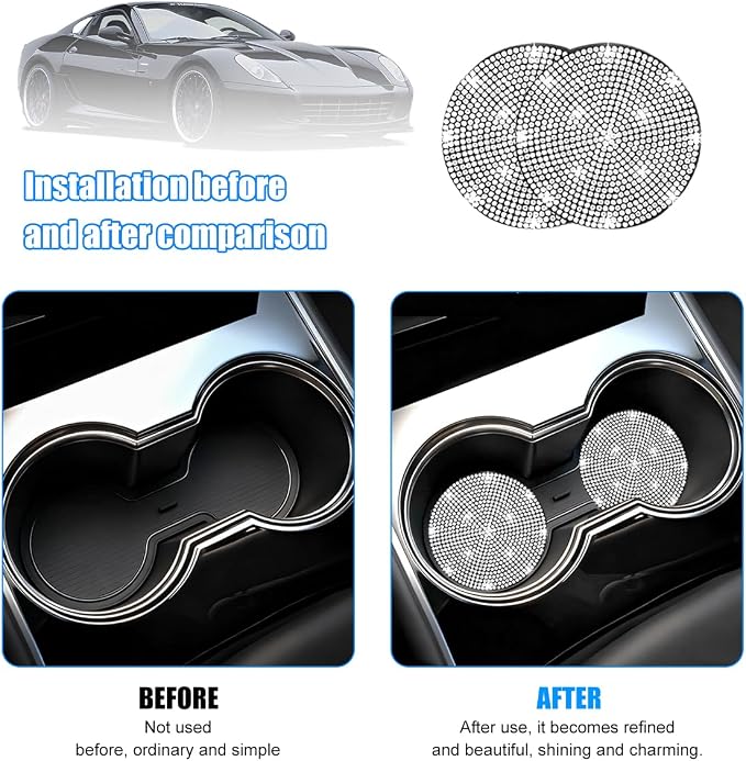 8PCS Bling Car Accessories Set, Sparkly Rhinestone Vehicle Steering Wheel Seat Belt Gear Shift Start Stop Button Cover, Diamond Auto Cup Holder Coaster Decoration, Universal Fit (White)