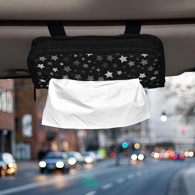 Car Tissue Holder Car Napkin Holder Car Tissue Box Dispenser Storage Case Sun Visor Mask Holder with Adjustable Straps Reusable Refillable Cute Silver and Gray Stars