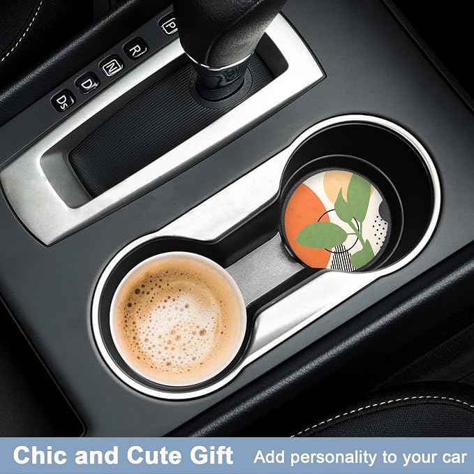 Nipichsha Car Coasters for Cup Holders, 2 Pack Absorbent Ceramic Car Cup Holder Coaster for Drinks, Cute Auto Assecories for Women Men, Size 2.56 in with Finger Notch & Cork Base, Modern Abstract Art