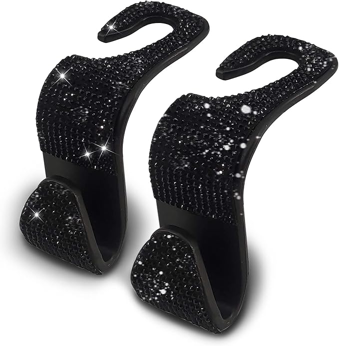 OSIFIT 2PCS Car Seat Hooks - Bling Rhinestone Headrest Hooks with Universal Design - Perfect for Holding Handbags, Clothes, Purses, and Water Bottles - Black