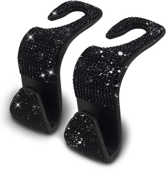 OSIFIT 2PCS Car Seat Hooks - Bling Rhinestone Headrest Hooks with Universal Design - Perfect for Holding Handbags, Clothes, Purses, and Water Bottles - Black
