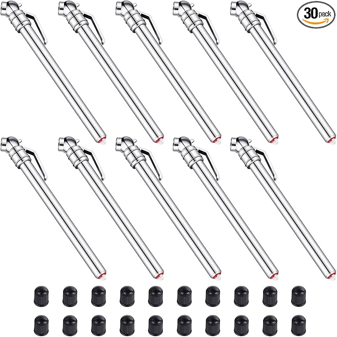 10 Pieces Pencil Tire Pressure Gauge Stainless Steel Stem Tire Pressure Gauge Accurate Mechanical Wheel Checker with 20 Pieces Tire Stem Valve Caps for Car Truck Motorcycle Bike