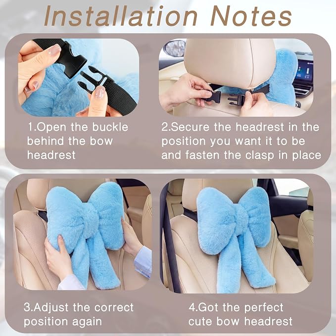 Macarrie 2 Pcs Car Neck Pillow Plush Butterfly Bow Car Headrest Pillow Comfortable Seat Neck Support Cute Head Rest Accessories for Driving Travel Driver Chair Girl Interior Decor (Blue,Solid)