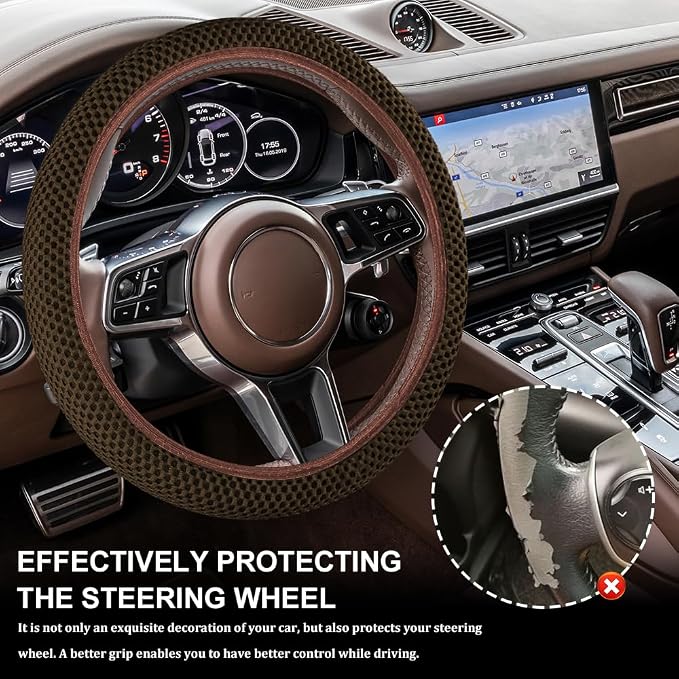 Breathable Elastic Steering Wheel Cover,15 Inch Stretch Steering Wheel Protector,Microfiber Ice Silk Anti-Slip Car Wheel Cover,Odorless Comfort Grip Interior Accessory for Cars SUV Truck（Brown）