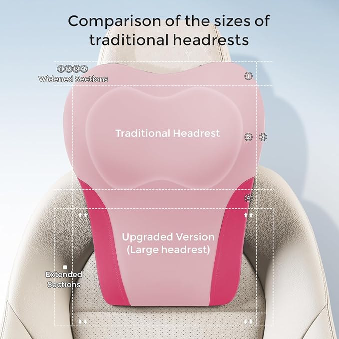 BABUR Car Headrest Pillow, Ergonomic Neck Support for Driving Seat 1 Pcs | Pink,100% Memory Foam,Universal Fit,Softness,Adjustable Strap,Breathable Removable Cover,Car Rest Pillow for Pain Relief