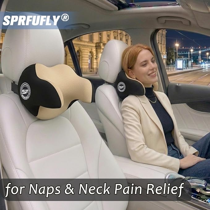 Really Helpful Car Headrest Pillow, Car Neck Pillow for Sleeping with Adjustable Strap, 100% Memory Foam & Breathable Removable Cover, Ergonomic Design - Softness Travel Car Pillow(Beige, 1PC)