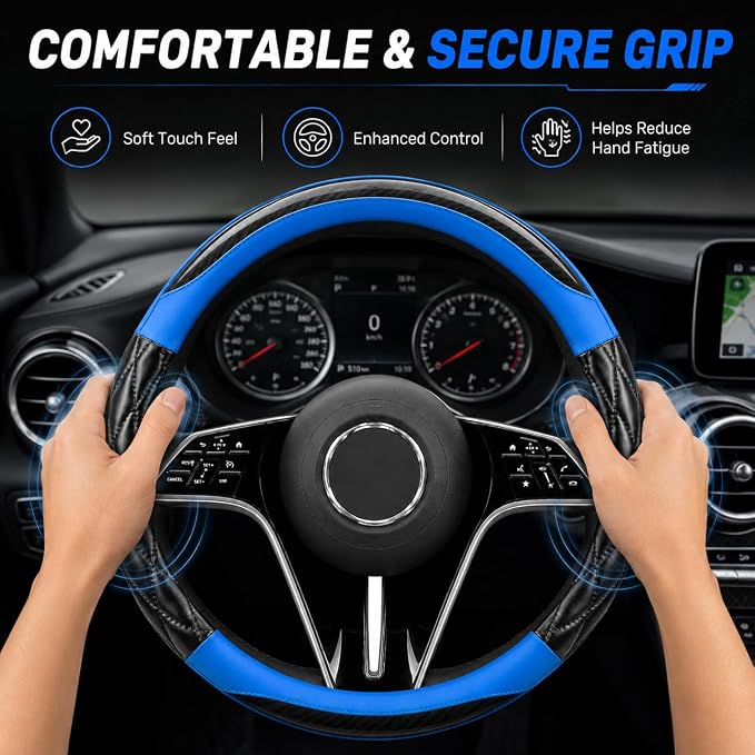 Couslcd 14.5-15 Inch Leather Steering Wheel Cover with Soft Padded Lining, Anti-Slip Comfort Grip, Universal Steering Wheel Protector for Most Cars, SUVs, Trucks (Blue)