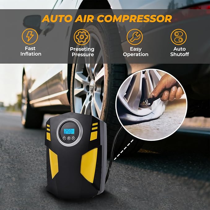 All-in-One Car Emergency Kit with Digital Tire Inflator, Jumper Cable, Tow Strap, Reflective Triangle, First Aid Kit, Hand Crank Flashlight, and Repair Tools for Roadside Safety (Blue)