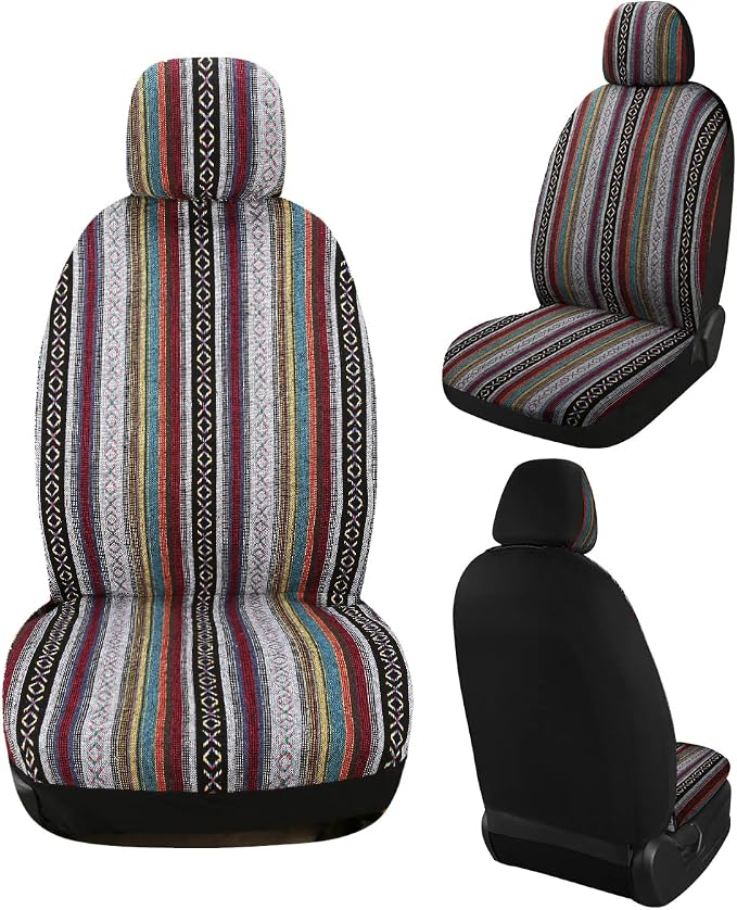 Baja Saddle Blanket Car Seat Covers 4PCS Front, Breathable and Washable Striped Woven Automotive Vehicle Seat Cover, Universal Seat Cover for Sedan, SUV, Truck, Airbag Compatible