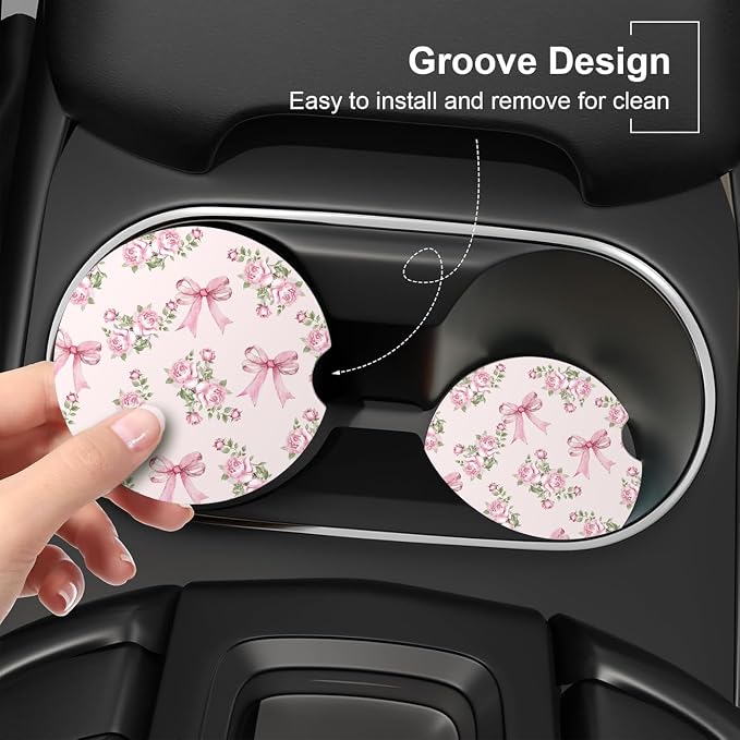 Ceramic Car Coasters – Absorbent Car Cup Holder Coaster Set for Women, Cute Aesthetic Car Accessories for Girls, 2 Pack (Blush)