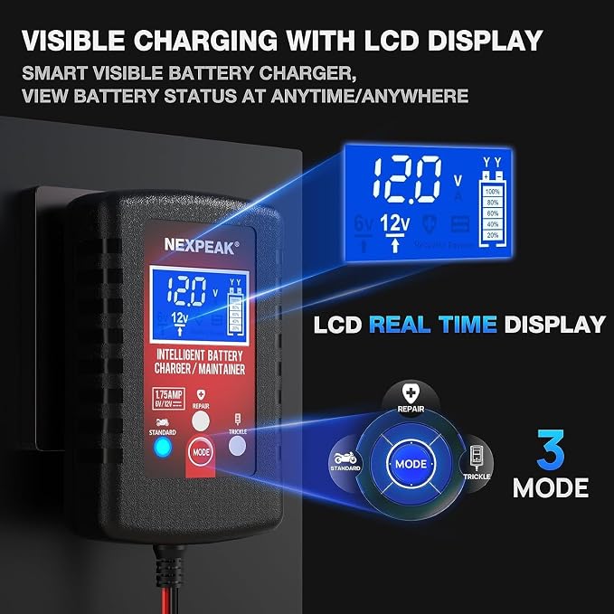 4-Pack 1.75A Car Battery Charger, 6V &12V Smart Battery Trickle Charger | Fully automatic 6V/12V Battery Charger, LCD screen monitors real-time status, Multi-protection for cars, boats, motorcycles
