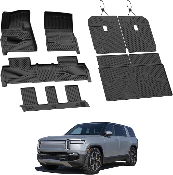 LASFIT Floor Mats for Rivian R1S 2025, with Cargo & Backrest Mats | Not Fit 2026 Models, 1st 2nd 3rd Rows, Trunk Mat & Backrest Mats, Premium TPE Liners, Custom Laser Fit, Full Edge Coverage