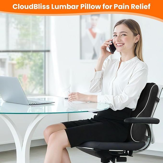 CloudBliss Ergonomic Lumbar Support Pillow – Memory Foam for Lower Back Pain Relief, Adjustable Straps & Mesh Cover for Office, Gaming, Car Seat & Home Essentials (Medium, Black)