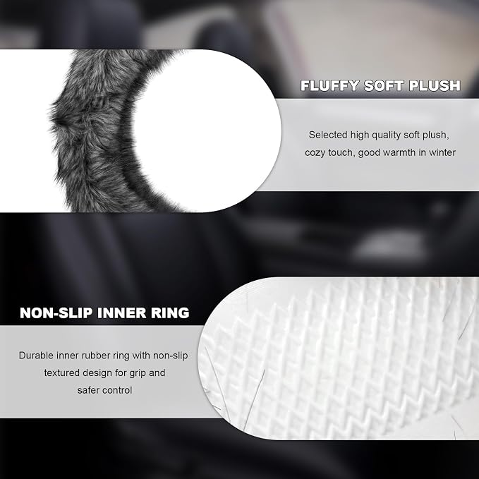 Fluffy Steering Wheel Cover, 15 Inch Anti-Slip Microfiber Plush Fuzzy Steering Wheel Cover, Winter Warm Elastic Fuzzy Steering Wheel Covers for Women and Men, Car Accessories (Gray)