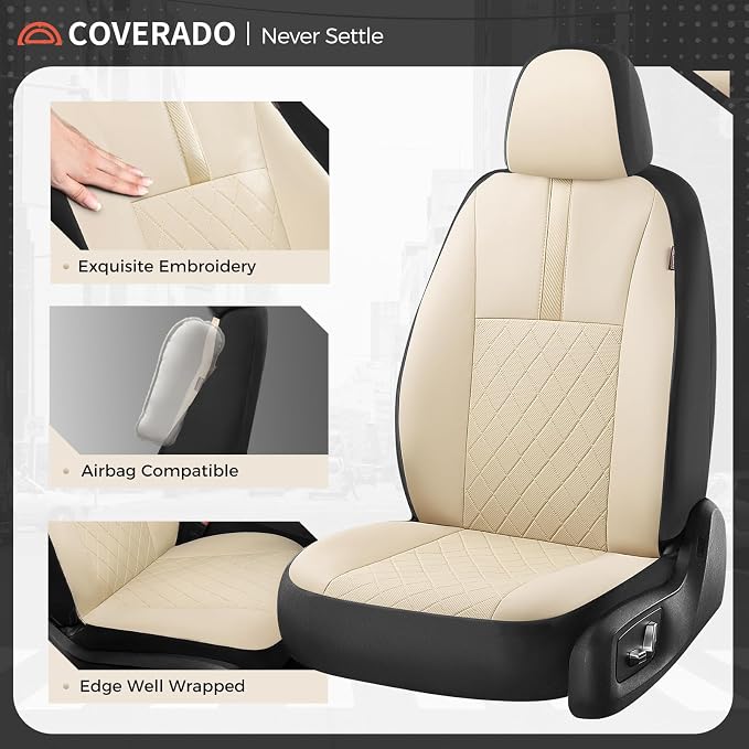 Coverado Car Seat Covers Front Pair, Automotive Leather Seat Covers for Car，Universal Fit Front Back Seat Cover, Non-Slip Waterproof Breathable Car Seat Protector