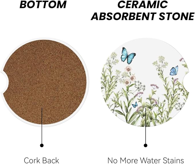Flower Butterfly Car Cup Holder Coaster 2 Pack - Absorbent Ceramic Coasters With Anti-Slip Cork Base and Finger Notch for Women Men Universal Car Accessories Interior