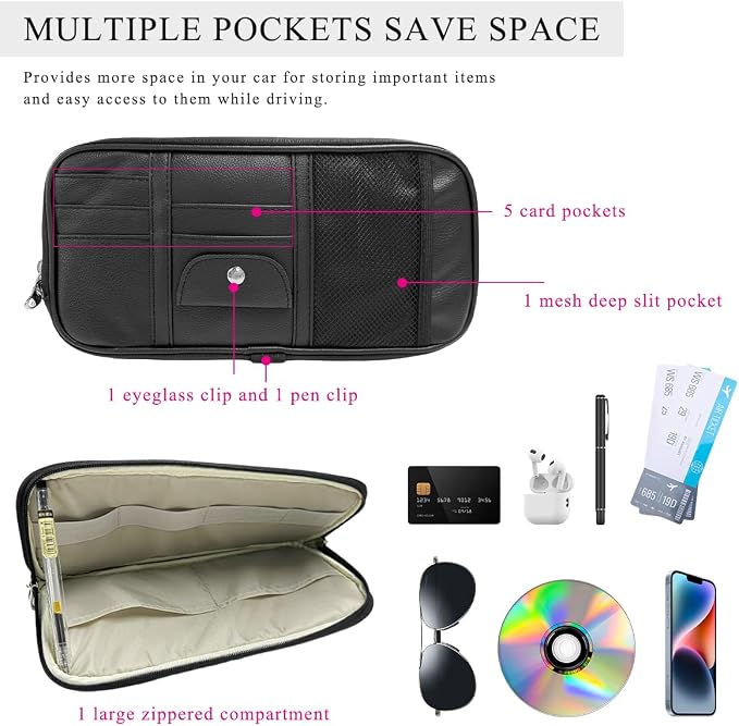 DXNQ Car Sun Visor Organizer, Double Zipper Leather Visor Storage Pouch with Multi-Pocket, Sunglass Holder Storage Pocket with Elastic Band for Cars SUVs Trucks, Car Accessories (Black)