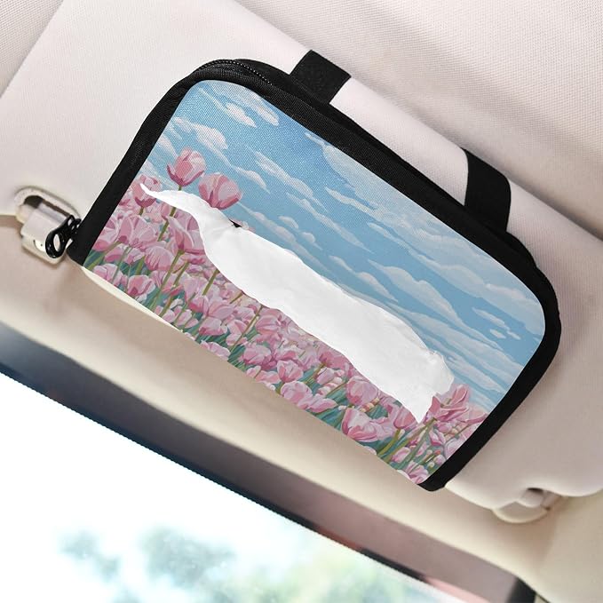 Car Visor Tissue Holder Mask Holder for Car, Car Tissue Box Sun Visor Napkin Holder Car Visor Accessories Adjustable Straps Reusable Durable Easy to Install Pink Tulip Field and Blue Sky