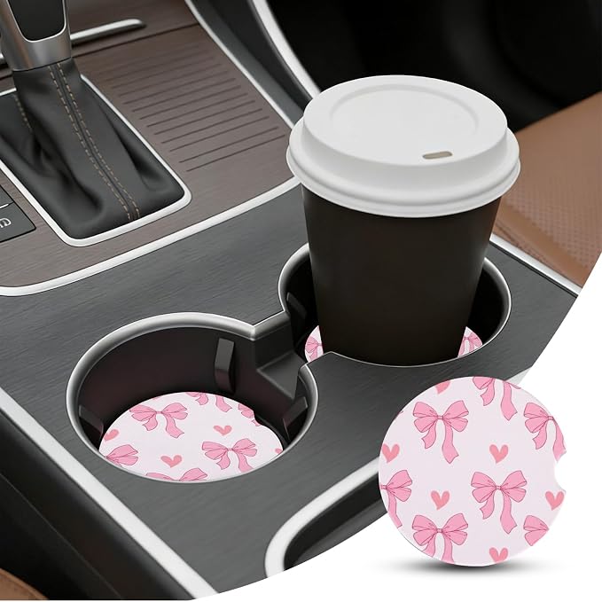 2 Pack Pink Bow Car Coasters for Women Car Cup Holder Coasters, 2.63 Inch Anti Slip Ceramic Absorbent Coaster with Cork Base and Finger Notch, Cute Car Accessories Interior