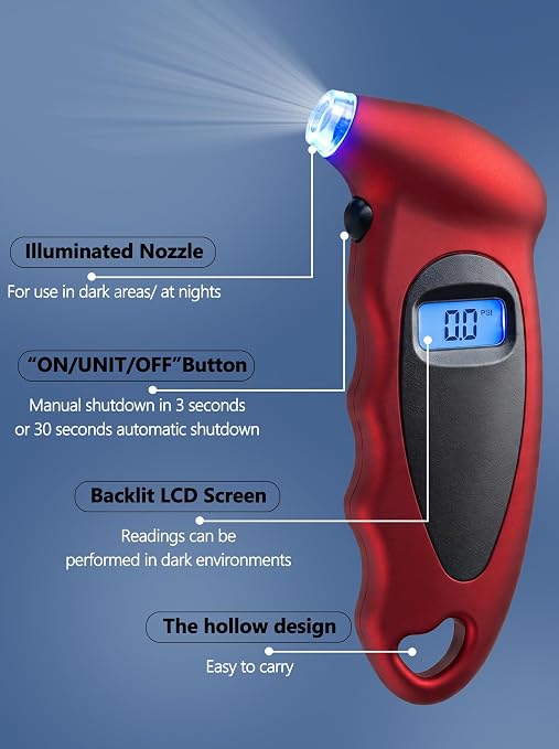 Digital Tire Pressure Gauge 150 PSI, Accurate in 0.1 Increments,1 Pack Tire Pressure Gauge with Backlight LCD, 4 Units (PSI/Bar/Kgf/cm²/KPA) Applicable to Car Truck Bicycle, Red