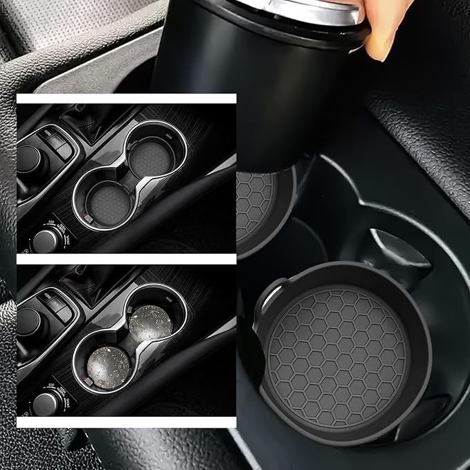 4 Pack Car Cup Holder Coaster, Universal Silicone Non-Slip Insert Pad, Waterproof Spill-Proof Drink Mat for SUV Sedan Truck, Automotive Interior Accessories (Black)