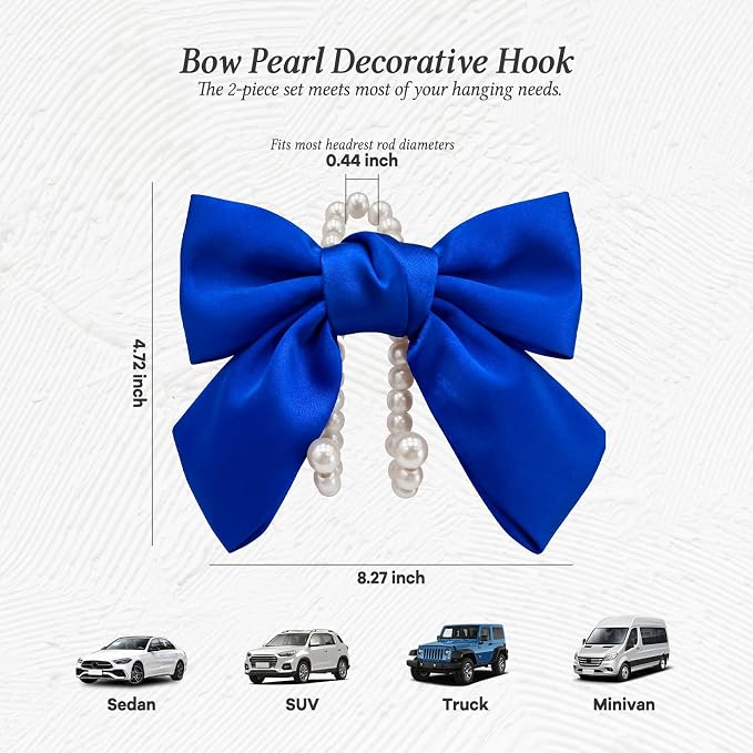 2PCS Satin Bow Pearl Car Seat Headrest Hooks – Car Bag Holder & Vehicle Hanger for Purses – Cute Coquette Aesthetic Interior Decoration – Cute Auto Organizer Accessories Universal (Deep Blue)