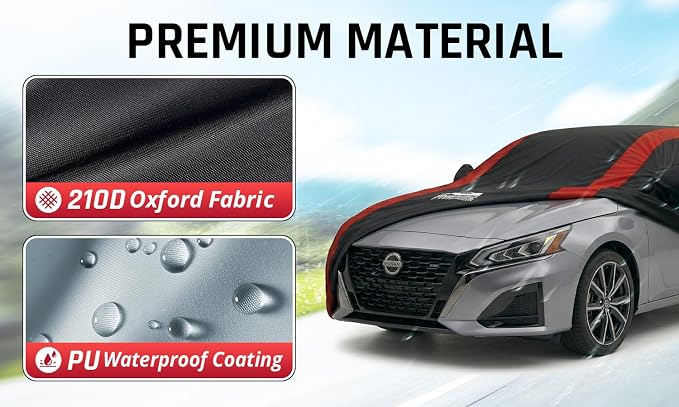 Altima Car Cover Waterproof All Weather with Red Strip Design, Custom Fit for Nissan Altima 2002–2025, Altima Accessory with Door Zipper & Windproof Straps