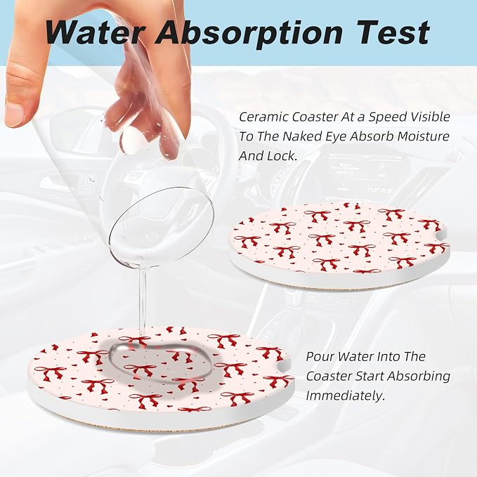 Cute Red Bow Car Coasters for Cup Holders,2 Pack Car Cup Holder Coasters for Car,Ceramic Absorbent Car Coaster with A Finger Notch and Cork Base,Car Interior Accessories for Women Men