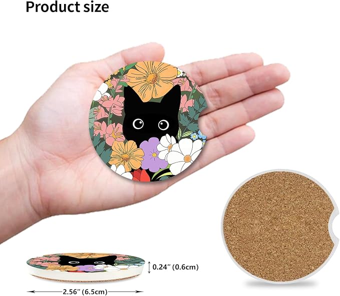 Cute Black Cat Car Coasters for Drinks Absorbent, 2 Pack Cup Holders, 2.56" Ceramic Stone & Non-Scratch Cork Base Coasters, Auto Accessories for Women & Men