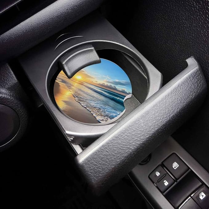 Small Car Coasters for Cup Holders 2.65" Absorbent 2 Pack Car Coaster Ceramic Stone for Drinks Absorb Water Drops Ocean Theme Sand Beach Wave Sea Water Pattern