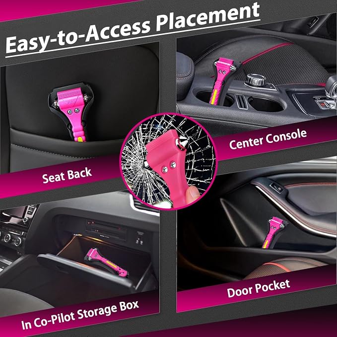 2-in-1 Car Emergency Escape Tool, Glass Window Breaker with Seatbelt Cutter, One Second Quick Release Safety Hammer for Car and Office Use -Pink