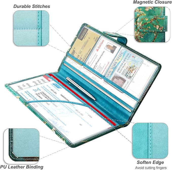 RSAquar Car Registration and Insurance Holder, Vehicle Glove Box Organizer Cool Car Accessories, Car Document Holder for Cards and Driver License, Almond Blossom