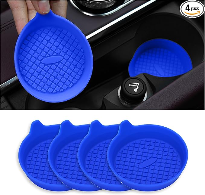 4 Pack Car Cup Coasters, Silicone Insert Recessed Car Cup Holder Coasters, Waterproof Non-Slip Sift-Proof Car Cup Mats, Universal Car Interior Accessories (Blue)